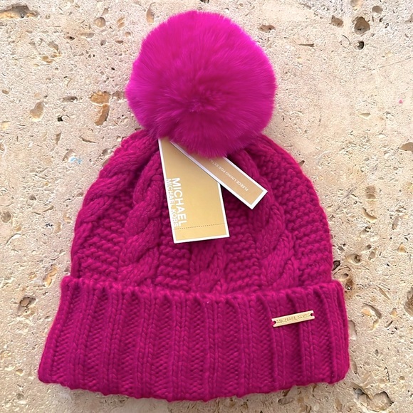 Michael Kors Accessories - Michael Kors Cable Knit Faux Fur Pom Pom Hat in Pretty Pink 🩷❄️🩷